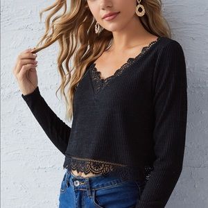 Black Lace Knit Crop Tee